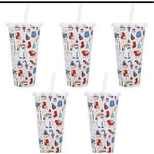 Christmas Color Changing Cups 5 Pcs Plastic Xmas Cups Reusable Travel Lids Straw